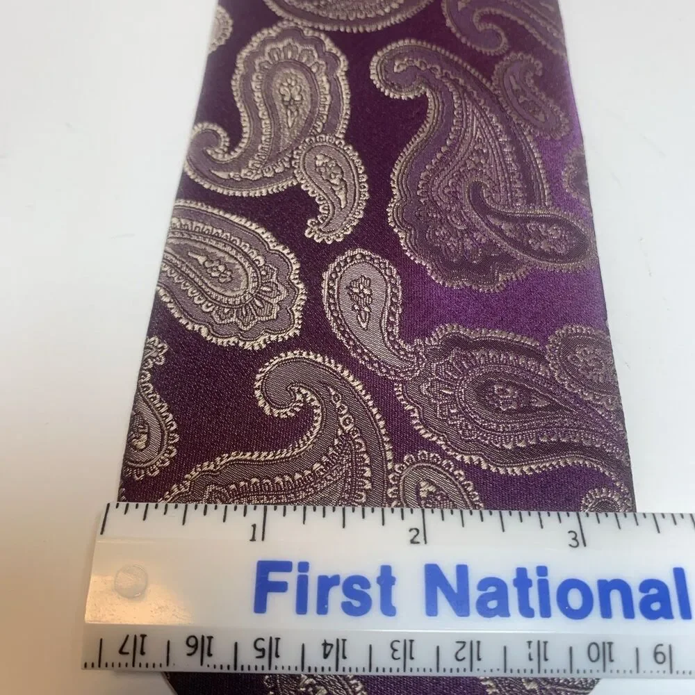 Paul Fredrick 100% Silk Tie Purple Paisley Print 58”X3.5” Designer Business